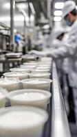 Close Up of Yogurt Containers on a Conveyor Belt in a Food Factory photo