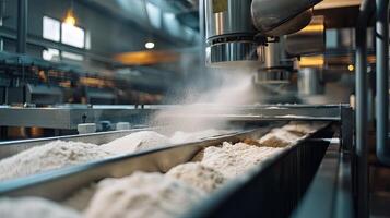 Industrial Food Processing Conveyor Belt with Flour photo
