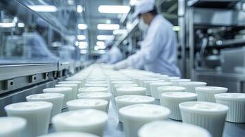 Food Production Conveyor Belt with White Containers in a Factory photo