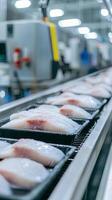 Fresh Fish Fillets Moving on Conveyor Belt in Food Processing Plant photo