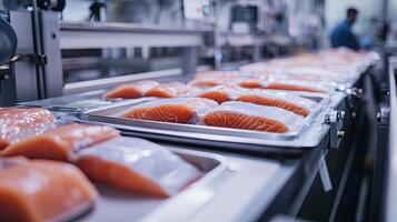 Fillets of salmon moving through food facility photo