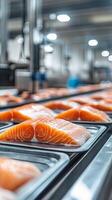 Salmon Fillets on a Conveyor Belt in a Food Processing Plant photo