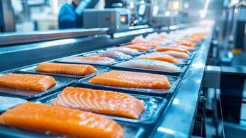 Conveyor belt with raw salmon in production photo