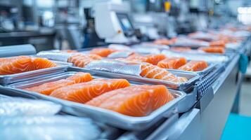 Salmon being prepared on factory conveyor photo
