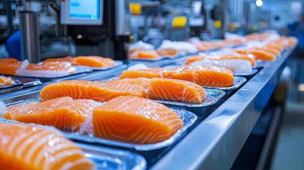 Fresh salmon fillets on a processing line photo