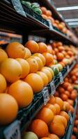 Fresh Oranges on Grocery Store Shelf photo
