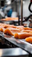 Fresh Salmon Fillets on Conveyor Belt in Food Processing Plant photo