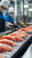 Chicken Fillets on Conveyor Belt in Food Processing Plant photo