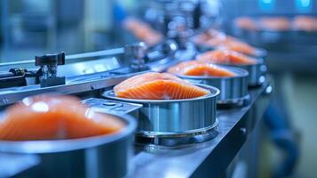 Salmon fillets moving on a factory line photo