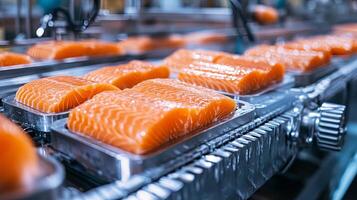 Salmon Fillets on a Conveyor Belt in a Food Processing Factory photo