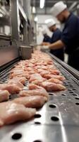 Chicken Production Line Close-up of Raw Chicken Pieces on Conveyor Belt photo