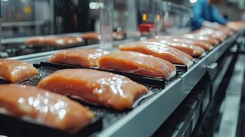 Salmon Fillets on Conveyor Belt in Food Processing Plant photo