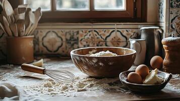 Rustic Kitchen Counter with Baking Ingredients photo