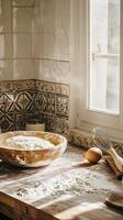 Rustic Kitchen Counter with Fresh Dough and Baking Supplies photo