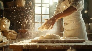 Artisan Baker Kneading Dough in a Rustic Bakery photo