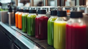 Colorful Smoothie Bottles on Display at a Juice Bar photo