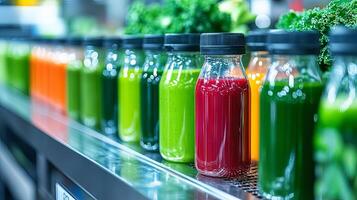 Colorful Fresh Juices in Glass Bottles on a Shelf Display photo