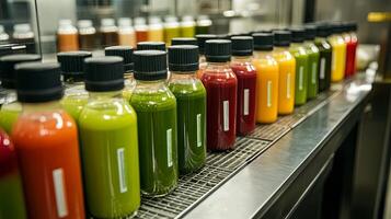 Vibrant Juice Bottles on a Metal Shelf photo