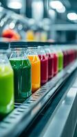 Colorful Juice Bottles on a Conveyor Belt in a Food Production Facility photo