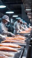 Salmon Fillet Processing Line Workers in a Clean Factory Setting photo