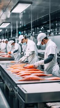 Salmon Processing Line Workers Prepare Fresh Fish in a Factory photo