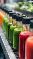 Close-up of Freshly Made Juices in Glass Bottles photo
