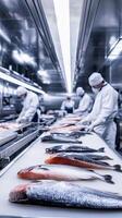 Fresh Salmon Fillets on a Conveyor Belt in a Modern Fish Processing Facility photo