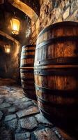Vintage Wooden Barrels in a Rustic Cellar photo