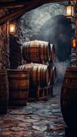 Vintage Wooden Barrels in Old Cellar with Stone Floor photo