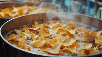 Close up of Potato Chips Frying in Hot Oil photo