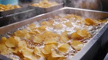 Potato Chips Frying in Oil A Close-Up Look at the Production Process photo