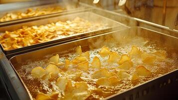 Potato Chips Deep Frying Process A Glimpse into the Crunchy Snack Production photo