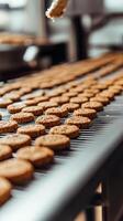 Close-up of Cookies on a Conveyor Belt in a Food Factory photo