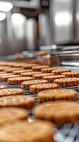Fresh cookies rolling through industrial line photo