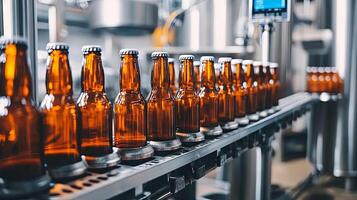 Bottling Line Beer Bottles on Conveyor Belt in Brewery photo