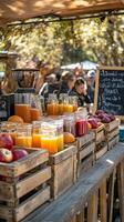 Fresh Juice and Fruit at a Rustic Market Stall photo