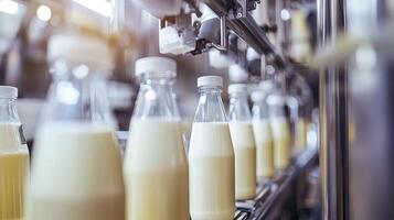 Milk Bottles on Conveyor Belt in a Dairy Factory photo