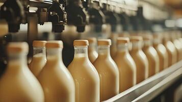 Milk Bottles Moving on Conveyor Belt in Factory Setting photo