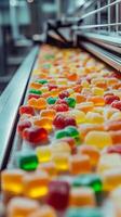 Close-up of Colorful Gummy Candies on Conveyor Belt in a Factory photo