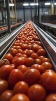 Red Tomatoes on Conveyor Belt in Food Processing Plant photo