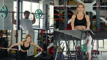 In a bustling fitness center, individuals of various backgrounds perform strength training exercises using barbells and weights. The atmosphere is energetic and focused on health. video