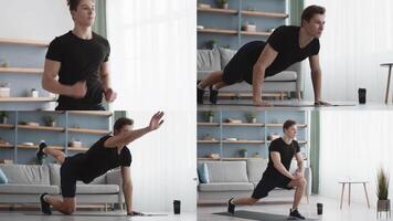 A collection of sporty guy performing diverse athletic exercises, including running, push-ups, and lunges, in a well-lit home setting, emphasizing fitness and a healthy lifestyle. video