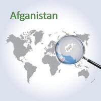 Afghanistan on magnifying glass on the World Map, Zoom Afghanistan map with gradient background and Afghanistan flag on map vector