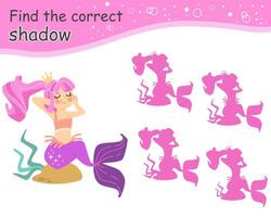 Find correct shadow cute mermaid character. Educational matching game for children. Find correct silhouette. Activity, logic game, printable worksheet with task for kids. isolated illustration vector