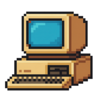 Pixel art vintage desktop computer icon isolated, retro gaming graphics, technology illustration, digital asset for web and blog design png