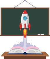 Red and white rocket launching from open book on desk with hanging chalkboard in flat design illustration vector