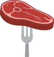 Raw red steak piece pierced by silver fork minimal flat design isolated on white background illustration vector