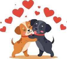 Two affectionate puppies hugging with red hearts above in cute flat style illustration vector
