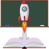 Rocket launching from open book with chalkboard background in flat colorful educational illustration vector