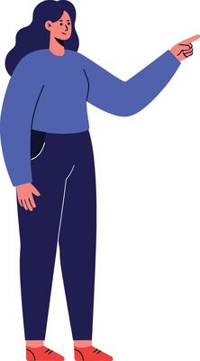 Woman with long hair wearing blue sweater and dark pants pointing to the right in flat minimal art illustration